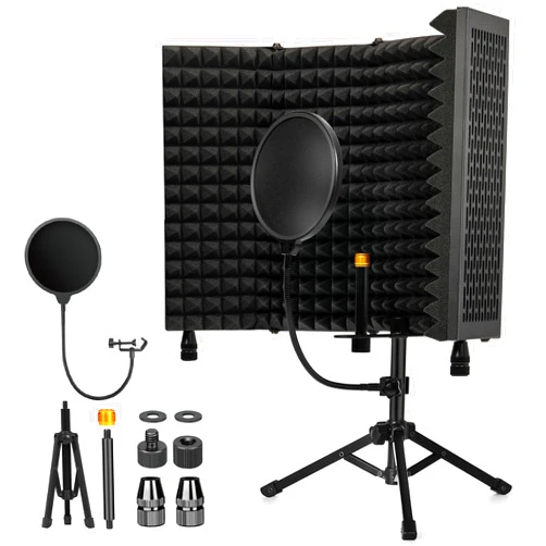 Dmsky Recording Microphone Isolation Shield with Pop Filter & Tripod Stand,Foldable Mic Shield with Triple Sound Insulation, High Density Mic Sound Shield for Studio, Podcasts, Singing,Broadcasting