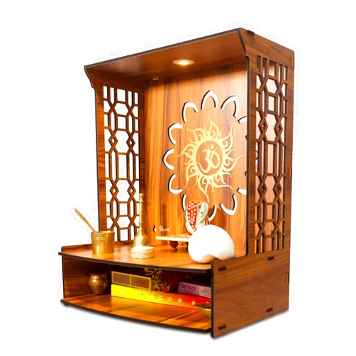 Amilav Collections Maha Mangal Beautiful Wooden Pooja Mandir for Home Temple for Home and Office Puja Mandir Wall with LED Spot Light Size (H- 18, L- 15, W-11 Inch)