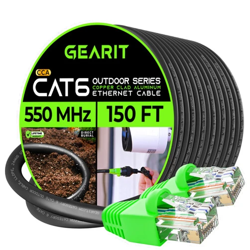 GearIT Cat6 Outdoor Ethernet Cable (150 Feet) CCA Copper Clad, Waterproof, Direct Burial, In-Ground, UV Jacket, POE, Network, Internet, Cat 6, Cat6 Cable - 150ft, Compatible with Personal Computer