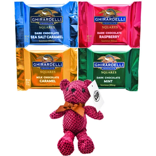 By The Cup Ghirardelli Chocolate Squares Assorted, 20 of each, Milk Chocolate Caramel, Dark Chocolate Sea Salt Caramel, Dark Chocolate Raspberry, Dark Chocolate Mint (Pack of 80) with By The Cup Teddy Bear