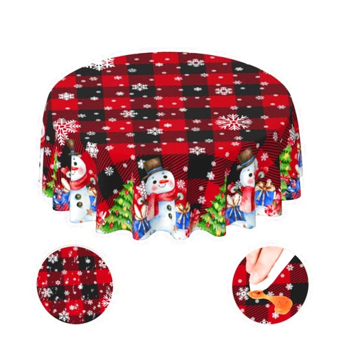 Yetta Yang Red Buffalo Check Christmas Snowman Waterproof Picnic Party Round Table Cloth Cover Decorations Fabric 60 Inch Circular Tablecloth Home Dining Room Kitchen Decor