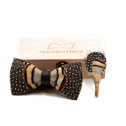 Mandujour Guinea Brown Feather Bow tie & Lapel Pin Set - Mandujour Handmade Feather Bowties