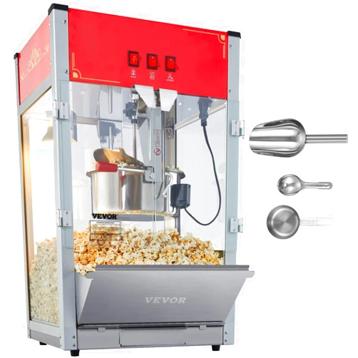 VEVOR Commercial Popcorn Machine, 12 Oz Kettle, 1440 W Countertop Popcorn Maker for 80 Cups per Batch, Theater Style Popper with 3-Switch Control Steel Frame Tempered Glass Doors 1 Scoop 2 Spoons, Red