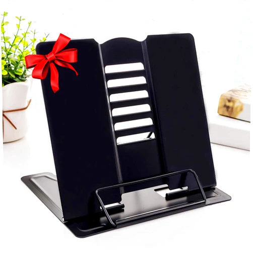 MSDADA Desk Book Stand Metal Reading Rest Book Holder Adjustable Cookbook Documents Holder Portable Sturdy Bookstands for Recipes Textbooks Tablet Music Books with Page Clips (Black)