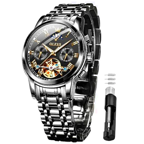OLEVS Mens Automatic Watches Skeleton Tourbillon Mechanical Self Winding Luxury Dress Wrist Watch Moon Phase Day Date Waterproof Luminous Watch Gifts