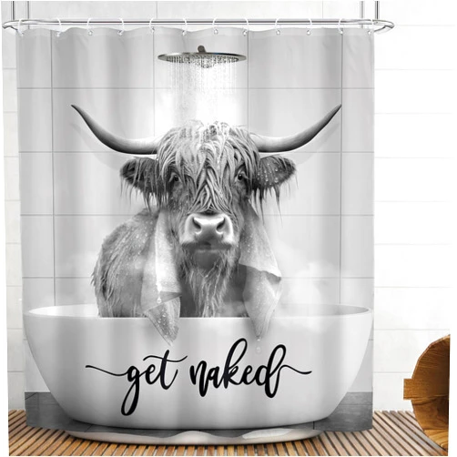 SVBright Farmhouse Highland Cow Shower Curtain 60Wx72L Inch Rustic Western Bull Gray Cattle Vintage Rustic Animal Wildlife for Man 12 Pack Hooks Polyester Waterproof Fabric Bathroom Bathtub Panels