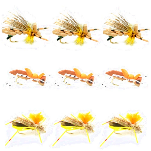 The Fly Fishing Place Grasshopper Trout Fly Assortment, Foam Body, 9 Flies, 3 Patterns, Hook Size 10
