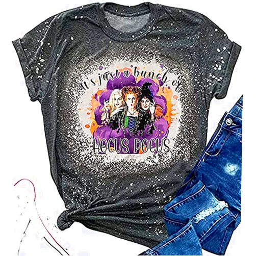 ZIFOTA It's Just A Bunch of Hocus Pocus T-Shirt Women Halloween Sanderson Sisters Bleached Shirt Fall Short Sleeve Tops