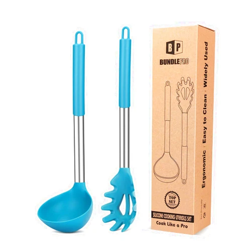 BUNDLEPRO Silicone Pasta Fork and Ladle Spoon Set, Large Non Stick Kitchen Utensils for Cooking,Stirring,Serving Spaghetti, Soup, Sauce (BLUE)