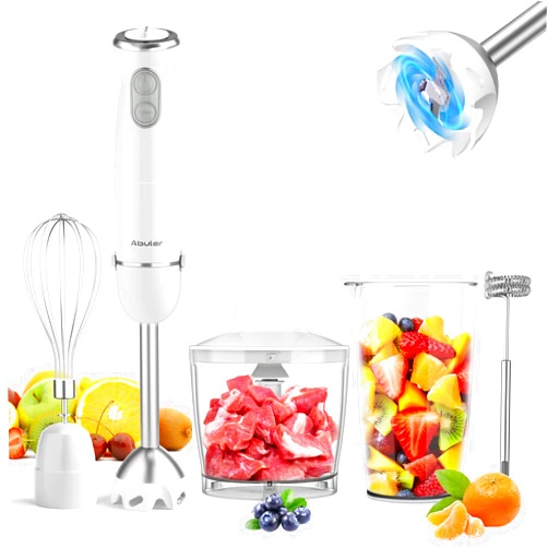 Abuler Immersion Blender Handheld, 800W Scratch Resistant Hand Blender, Abuler 5 in 1 Emulsifier Blender Mixer, BPA-Free 12 Speed Stick Blender, Beaker, Chopper, Whisk, Frother, for Soup, Sauce(White)