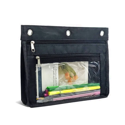 YoeeJob 1 Pack Pencil Pouch for 3 Ring Binder, Expandable Binder Pouches with Zipper, Large Capacity Pen Holder Case with Clear Window School Class Office Organizers, Black