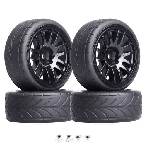 GoHobby 4-Pack 1:10 Scale RC On-Road Racing Tires and Wheels with Foam Inserts 12mm Hex Hub Fits for Traxxas Redcat Tamiya TT-02 (Color B)