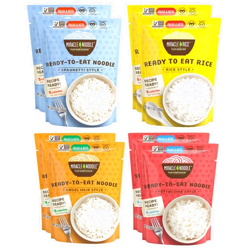 Miracle Noodle Variety Pack, Angel Hair, Fettuccini, Spaghetti Shirataki Noodles & Konjac Rice, Ready To Eat - Keto, Gluten Free, Low Carb, Low Calorie, Soy Free - 2 Bags Each (Pack Of 8)