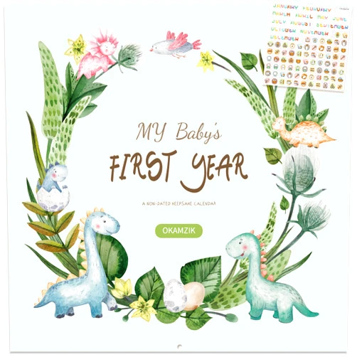 OKAMZIK Baby's First Year Calendar, Memory Book with Milestone Stickers and Storage Pocket, Baby Keepsake Tracker - 1st Year Tracker (dinosaur)