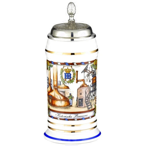 HB Hofbräuhaus München German Beer Stein Munich Hofbräuhaus München HB Brewhouse from different periods, with flat HB Logo pewter lid 0.5 liter tankard, beer mug King Werk KI 1000070