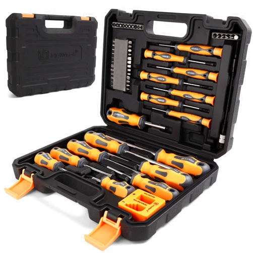 MulWark Magnetic Screwdriver Set 59 Piece Chrome Vanadium Steel, Ergonomic Design Rubber Handle Screwdriver Set with Case Slotted, Phillips, Hex, Pozidriv, Torx and Precision, Magnetizer Demagnetizer