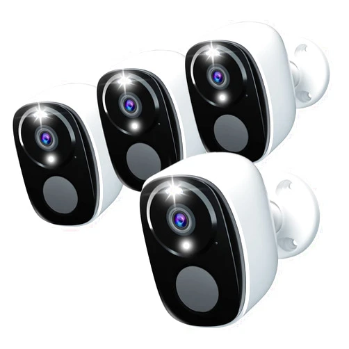 Rraycom 4Pack Security Cameras Wireless Outdoor, 2K Battery Powered WiFi Security Indoor Camera with Spotlight & Siren Alarm, 2-Way Audio, Color Night Vision, AI Detection for Home Security,Works w/Alexa