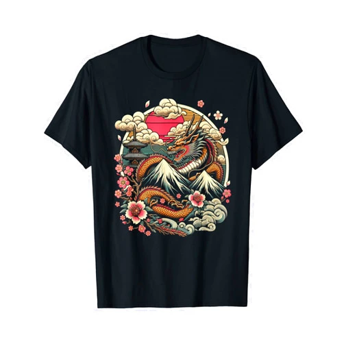Aesthetic Japanese Dragon Mountain Cherry Blossom Retro 80’s Japanese Ukiyo-e Art Tokyo Dragon Cherry Blossom T-Shirt