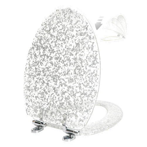 Angol Shiold Elongated Resin Toilet Seat Glitter Silver, Slow Quiet-Close Lid and Seat, Heavy Duty Toilet Seats for Standard Toilet, Easy Installation & Cleaning (19Inch, Silver Foil, Upgraded hinges)