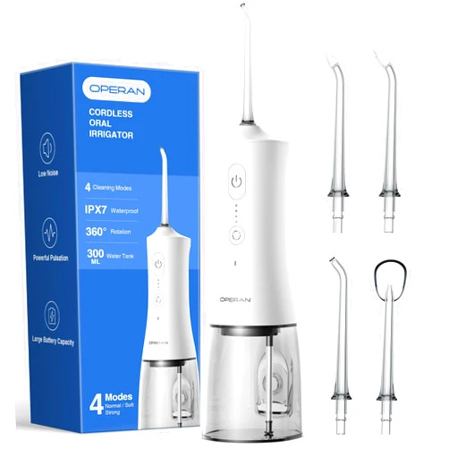 Operan Water Flossers for Teeth Cleaning Upgraded 300ml Cordless Water Dental Flossers Portable Rechargeable Oral Irrigator with 4 Modes 4 Jet Tips IPX7 Waterproof Water Floss for Home Travel (White)