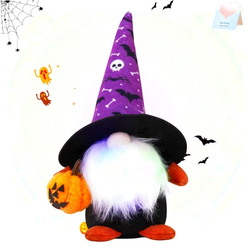 Houwsbaby 10'' Light Up Halloween Gnomes Stuffed Animal Toys Holding Pumpkin Handmade Plush Toys Colorful LED Halloween Decor Decorations for Home Nightmare Before Christmas
