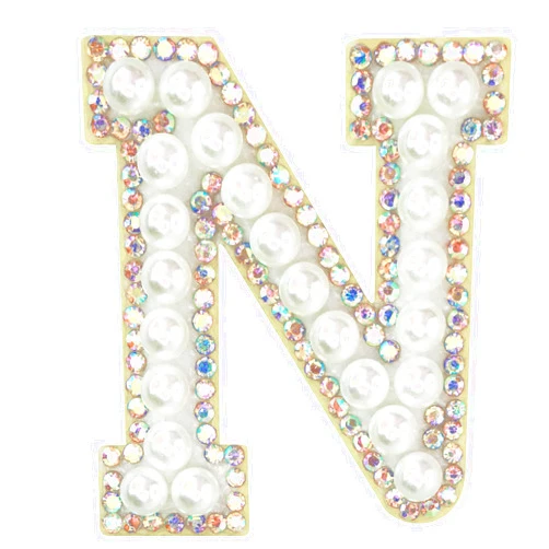 MY Storeone Sparkly Rhinestones and Elegant Pearls Iron On Patches for Clothing, A-Z Sew On Decorative Letter Patch Glitter Alphabet Applique Rhinestone Pearl English Letter for DIY Craft Supplies (N)