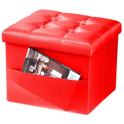 AmasSmile Red Storage Ottoman Folding Foot Rest Stool with Side Pocket, 16 inch Leather Footstool Bench, Short Ottoman Bench, Storage Foot Rest Store, Books