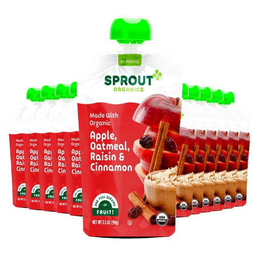 Sprout Organic Baby Food, Stage 2 Pouches, Apple Oatmeal Raisin with Cinnamon, 3.5 Oz Purees (Pack of 12)