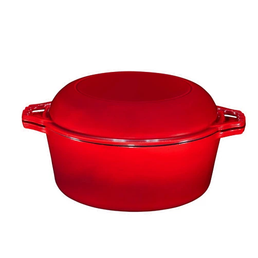 Bruntmor 2-in-1 Enamel Cast Iron Dutch Oven With Handles - Crock Pot Red Cast Iron pot with Skillet lid - All-in-One Cookware Braising Pan for Casserole Dish - 7 Quart, Red