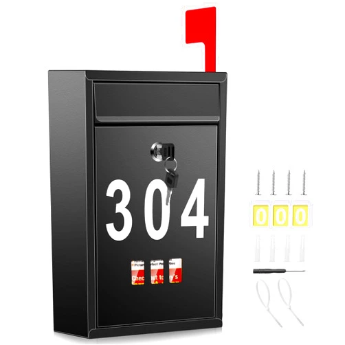 Pyoimmne Wall Mount Mailbox for Outside, Locking Mailbox with Flag, Large Security Mailbox with Key Lock and Three Sets 0-9 Mail Box Numbers, Metal Drop Box for Outdoor, House, 3.4