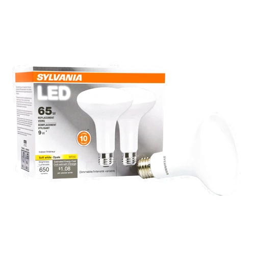 LEDVANCE SYLVANIA LED Flood BR30 Light Bulb, 65W Equivalent Efficient 9W, 10 Year, 650 Lumens, Dimmable, 2700K, Soft White - 2 pack (73954)
