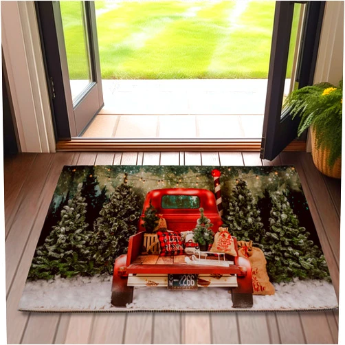 SPUNKER Christmas Door Mat,Christmas Red Truck Front Door Mat 17''x30'',Vintage Forest Doormats Indoor Entrance,Welcome Entry Mat,Outdoor Welcome Mat,Low-Profile Floor Rugs for Entry Patio