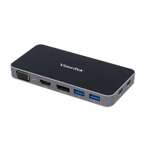 VisionTek VT200 Portable USB-C Dual Monitor Hub - 1x DP, 1x HDMI, 1x VGA, 2X USB-A Ports, 1x USB-C for Windows/MacOS/ChromeOS/iOS