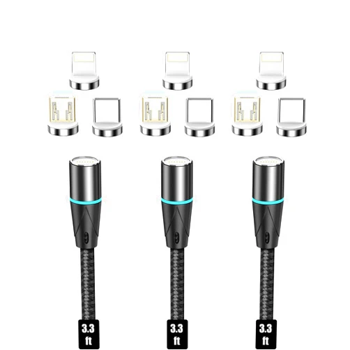 N. NETDOT NetDot Magnetic Charging Cable,3in1 Gen12 (3.3ft/3 Pack Black) 18W Fast Charging Magnetic Phone Charger and Data Transfer Magnetic Charger for USB-C,Micro USB and i-Product
