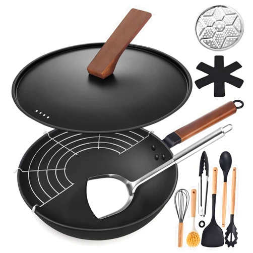 AOSION 13'' Carbon Steel Wok, 12 Piece Wok Pan & Stir-Fry Pans Set with Lid & Cookwares, No Chemical Coated Flat Bottom Chinese Wok Pan for Induction, Electric, Gas, Halogen, All Stoves