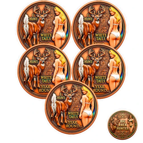 Generic Big Rack Hunter & I Hunt Whitetails Year-Round Collector Coin – Double-Sided Funny Hunting Humor Challenge Coin with Deer & Pinup Artwork, Collectible & Gift for Hunters, Outdoors Enthusiasts (5PCS)