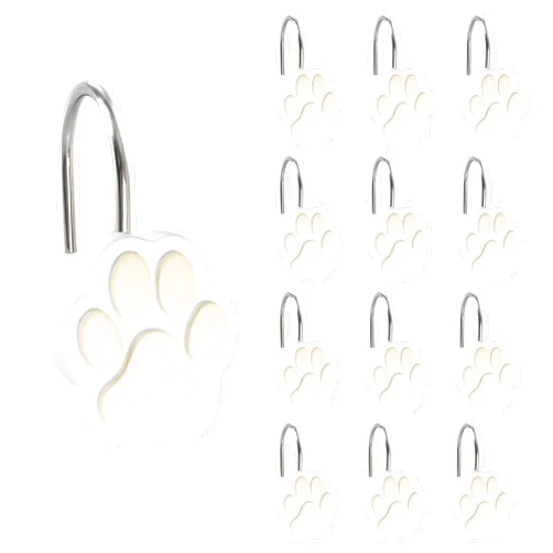 Sunlit Cute Paw Print Decorative Shower Curtain Hooks for Dog Cat Bear, Resin, Lovely Shower Curtain Rings for Kids, Bathroom Decoration Curtain, 12 Pack, White