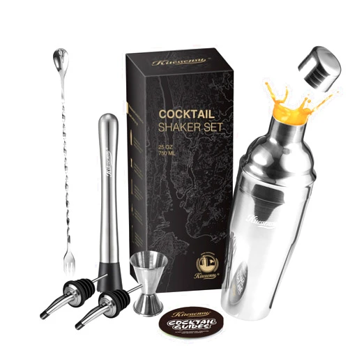 KITESSENSU Cocktail Shaker Set with Velvet Bag, 7 Pieces Bartender Kit: 25 oz Martini Shaker, Jigger, Muddler, 2 Liquor Pour Spouts, Bar Spoon, Recipes Booklet - Silver