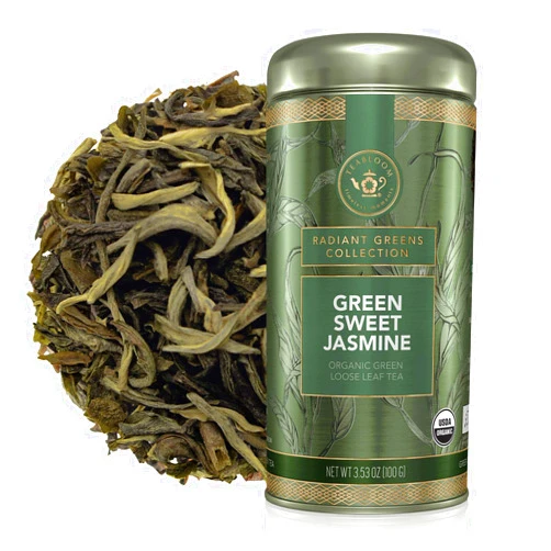 Teabloom Organic Green Tea, Green Sweet Jasmine Loose Leaf Tea, Captivating and Aromatic Classic Jasmine Tea, USDA Certified Organic, Fresh Whole Leaf Blend in Reusable Gift Canister, 3.53 oz/100 g Canister Makes 35-50 Cups