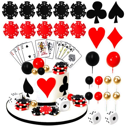TOSPARTY 29PCS Casino Cake Decoration Dice Poker Chips Cupcake Cake Topper Set Ball Cake Topper Playing Card Game Theme Picks for Las Vegas Scene Birthday Party Decoration Supplies