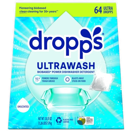 Dropps UltraWash Dishwasher Detergent Pods, Unscented (64 Ct) - Free & Clear | Cuts Grease & Stuck-On Food | Sparkling Dishes & Glasses | Residue-Free | Clean Ingredients | Plastic Free Packaging
