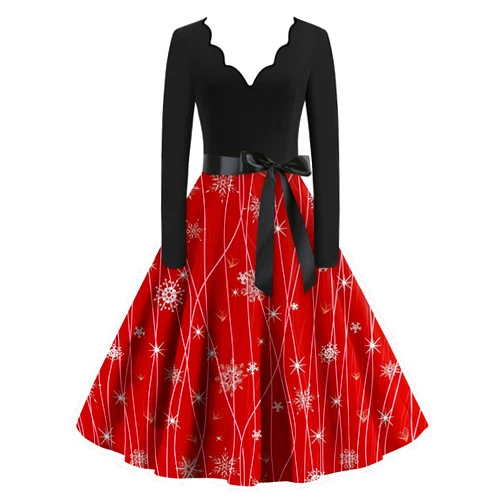 AMXYFBK Christmas Dresses for Women 2024 A-Line V Neck Santa Claus Dress Xmas Vintage Long Sleeve Flare Dress with Belt