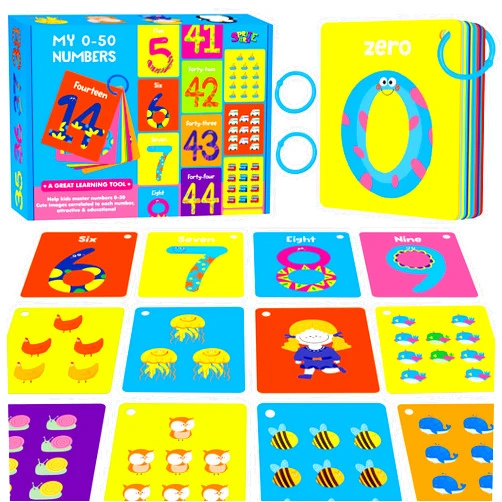 SpriteGru 51 PCS Number Flashcards, 0-50 Double Sided Printed Cards with 2 Reclosable Rings, Learn Numbers, Learn to Count-Fun Learning and Educational Flashcards Learning Tool for Kids, Preschoolers, Toddlers