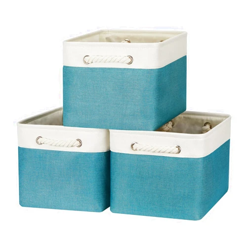 Bidtakay Basket Storage Bins with Handles Fabric Large Storage Baskets for Organizing Set of 3 Collapsible Rectangular Basket for Shelves Closet Organizer 15 X 11 X 9.5 Inches(White&Teal Blue)