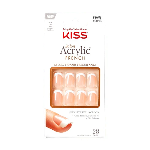 KISS Salon Acrylic Press On Nails, Nail glue included, 'Bonjour', Nude/ White, Short Size, Squoval Shape, Includes 28 Nails, 2g Glue, 1 Manicure Stick, 1 Mini File