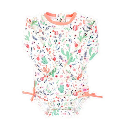 RuffleButts Baby Girls UPF 50+ Sun Protection Novelty Print Long Sleeve One Piece Rash Guard Swimsuit with Zipper