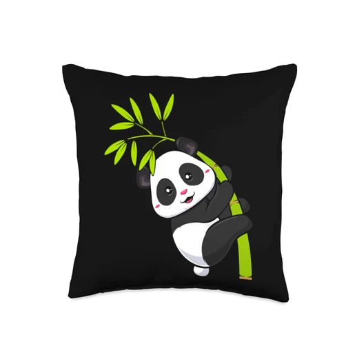 Tropical Asian Kawaii Smiling Leaf Bamboo Black Cute Panda Cool Bear Lover Fan Throw Pillow, 16x16, Multicolor