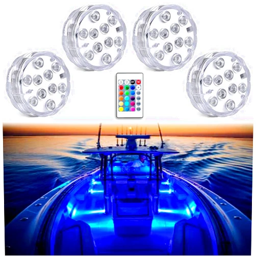 Seaponer Boat Lights Wireless Battery Operated, Waterproof Marine Led Light for Deck Courtesy Interior Lights, Fishing Kayak Duck Jon Bass Boat, RGB Multi Color Remote Controlled, 4pcs
