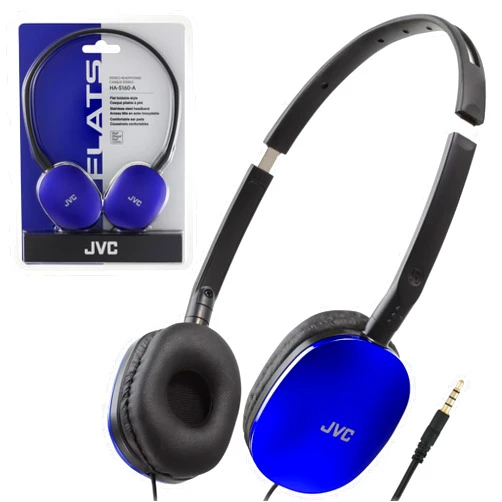 JVC Blue Flat and Foldable Colorful Flats On Ear Headphone with 3.94 foot Gold Plated Phone Slim Plug HAS160A