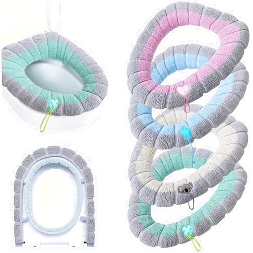 Guojanfon 4 Pieces Toilet Cover Toilet Seat Cover Pads with Handle Toilet Lid Cover Cushion Thicker Bathroom Soft Toilet Seat Cover Soft Thicker Stretchable Washable Fits All Oval Toilet Seats